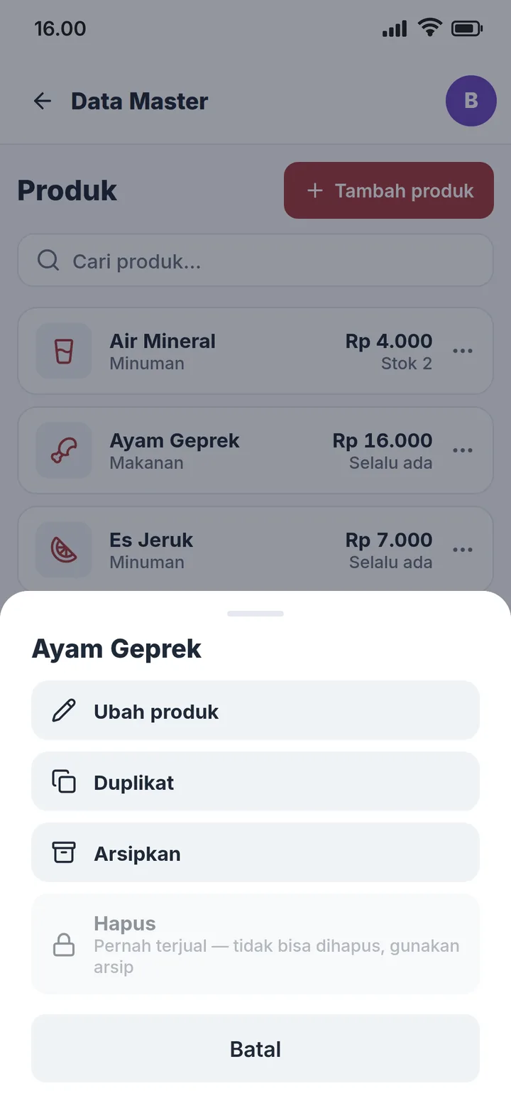 Pilihan pada produk: Ubah, Duplikat, Arsipkan, Hapus
