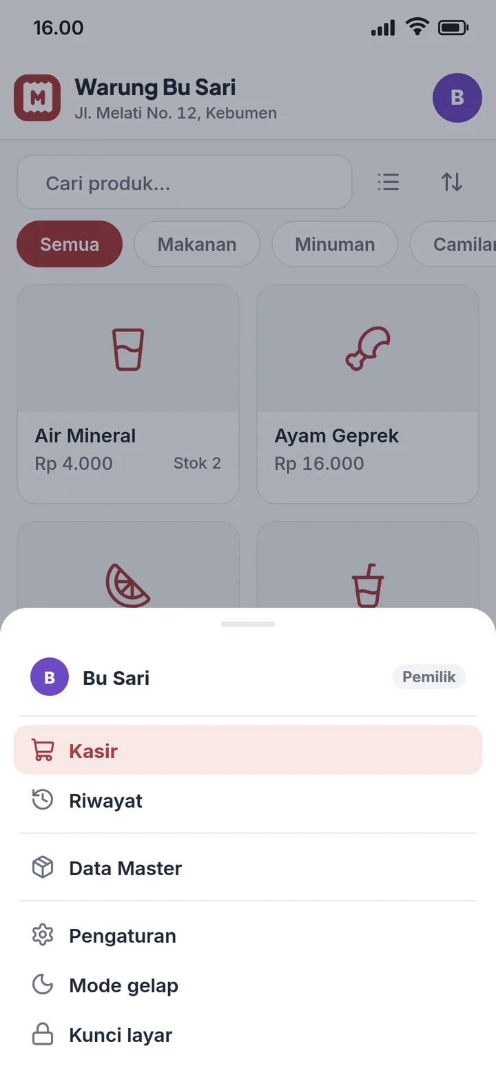 Menu akun: Kasir, Riwayat, Data Master, Pengaturan