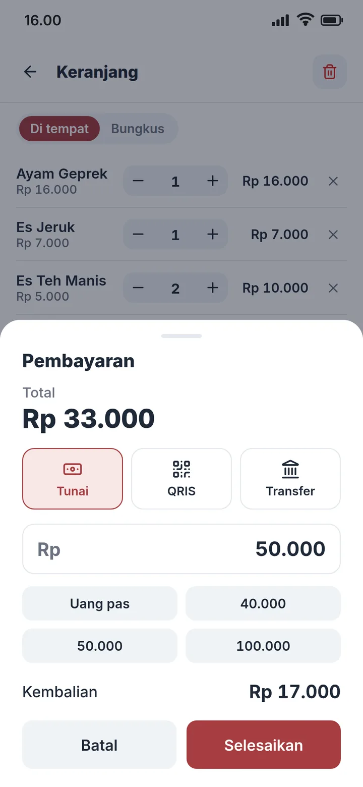 Layar Bayar tunai dengan kembalian