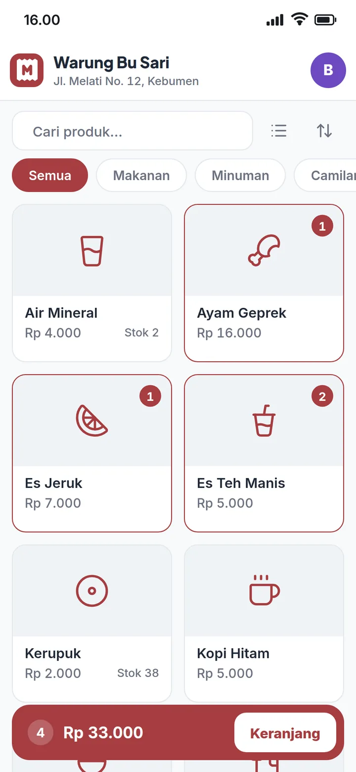 Layar Kasir: grid produk dan bar keranjang