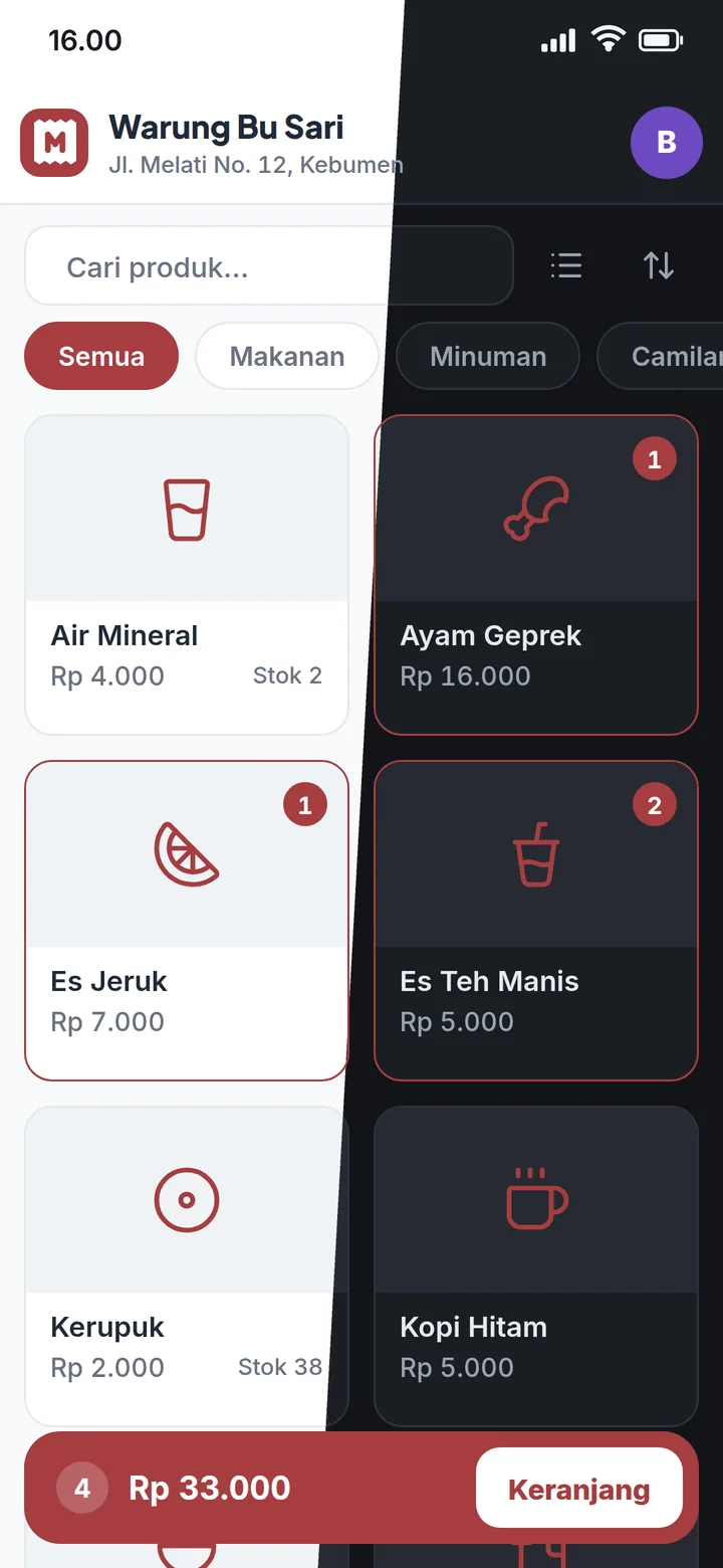Layar Kasir yang sama dalam mode terang (kiri) dan mode gelap (kanan)